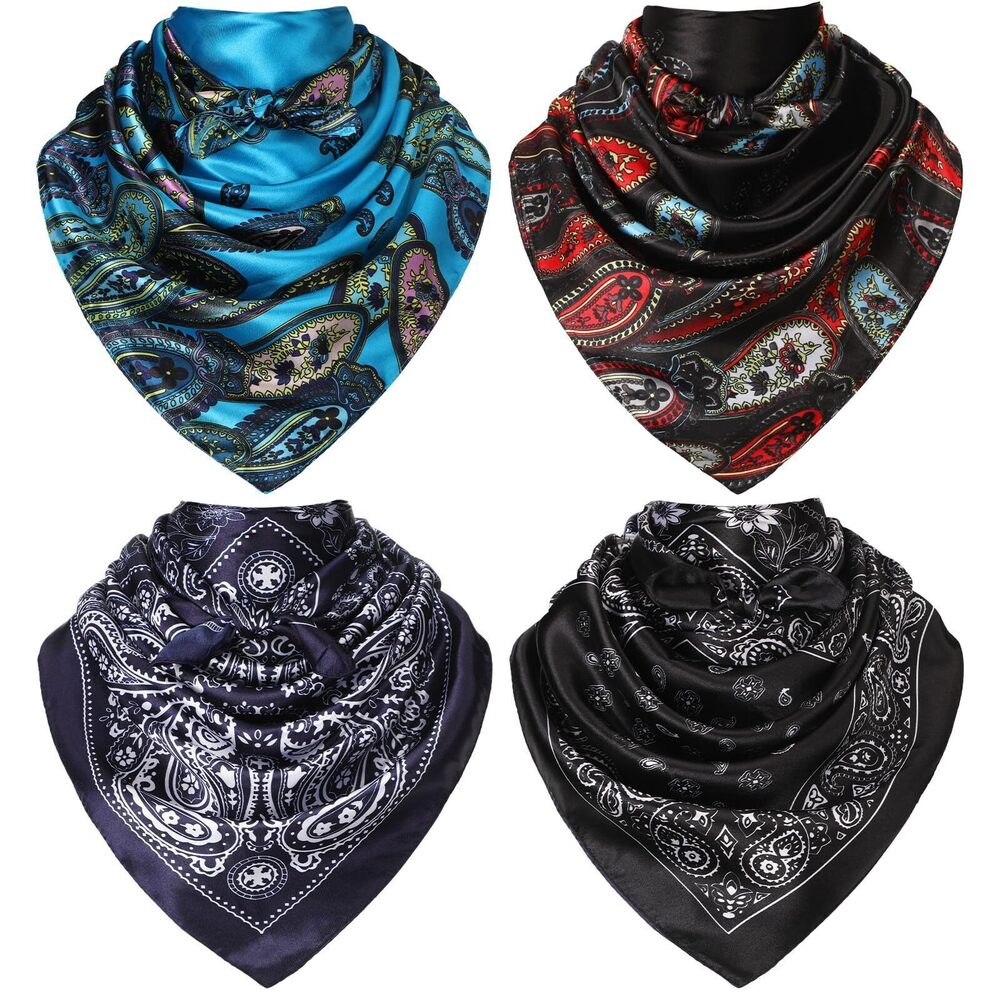 5672 4 Pcs 35 Inch Cowboy Rag Large Scarves Neckerchief Silk Feel Western
